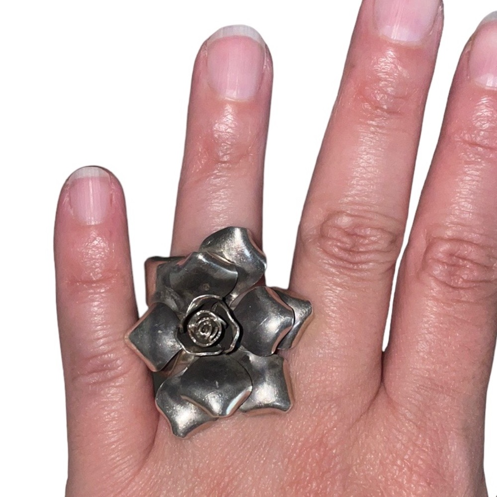 Sterling Silver 925 Mexico Open Floral Rose Ring, Thick Band, Approx 8.25 - Picture 3 of 8